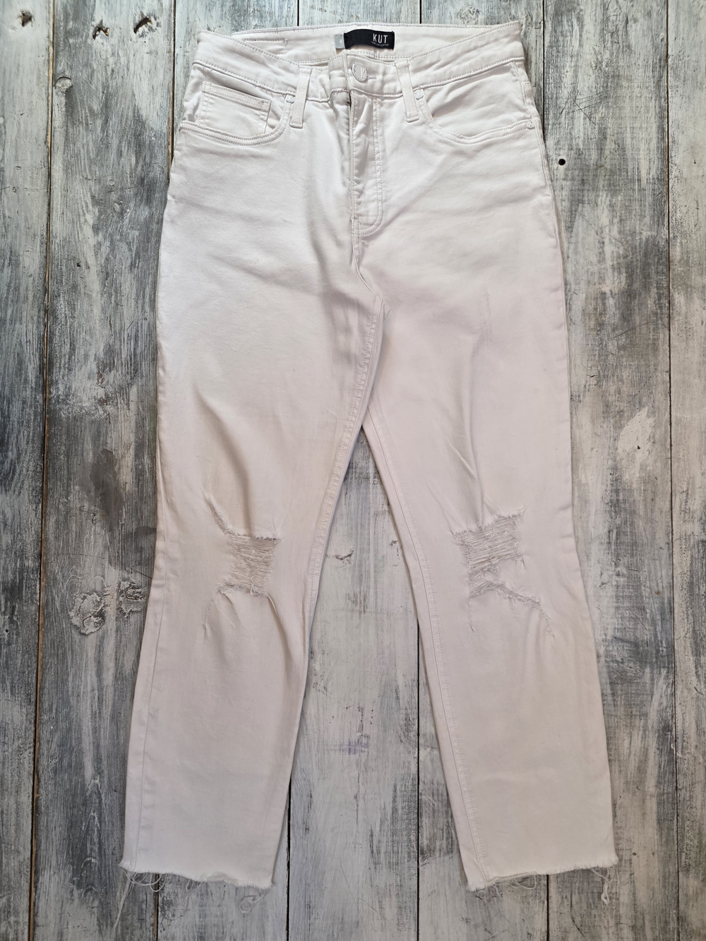 Kut from the Kloth White Distressed Straight High-Rise Jeans sz 8 with Raw Hem